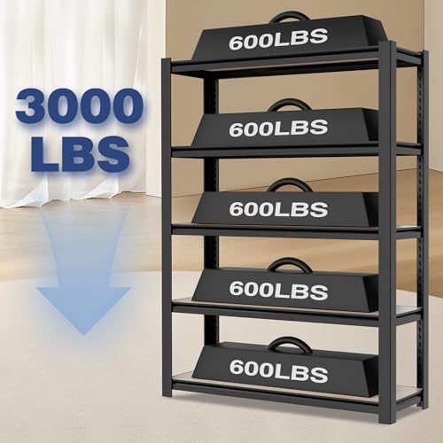 Image of WORKPRO 5-Tier Black Shelving with Board, 36.2 inchWx16.5 inchDx72 inchH, 3000LBS Load | Adjustable, Heavy Duty, 3000lbs, Boltless Shelving for Kitchen, Living Room, Garage