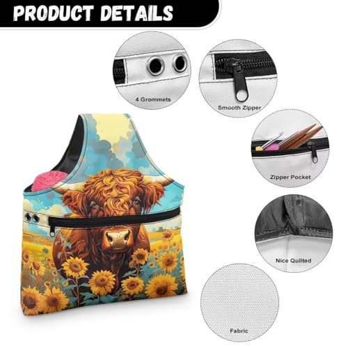Image of Highland Cow Yarn Bag with Crochet Organziers and Storage Sunflower Knitting Wrist Bag Holding Knitting Needles,Large