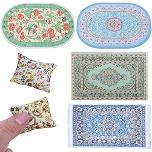 DKDDSSS 6 stuks poppenhuis accessoires, poppenhuis tapijt, poppenhuis Turkije tapijt, 1:12 miniatuur poppenhuis accessoires met 2 poppenhuis kussen, decor voor poppenhuis vloeren