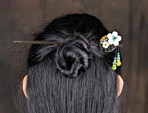 Traditionelle Chinesische Haarspange Handarbeit – Holz, Muschel & Jade Verzierung, 19 Cm | Haar Sticks Für Dutt & Hochsteckfrisur