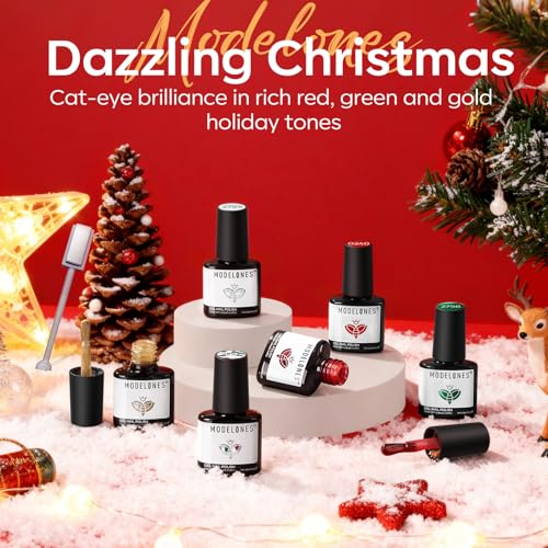 Image of modelones Christmas Gel Nail Polish Set, 6 Colors Cat Eye Red Green Glitter Gold Silver Winter Gel Polish Kit with Magnet Nail Stickers Soak Off Led Nail Art Manicure Salon DIY New Year Holiday Gifts