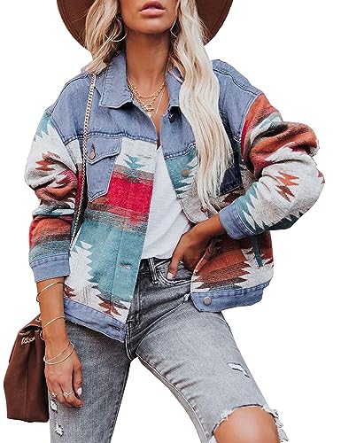Lumister, Chaqueta vaquera azteca para mujer, con solapa desgastada, manga larga, estilo vintage, con botones, Naranja, XL