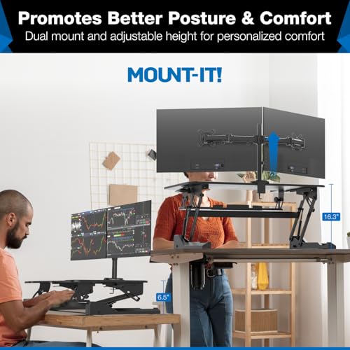 Mount-It! Standing Desk Converter Dual Monitor, 2 Screen Mounts Included, Height Adjustable Desk Riser in Black, Stand Up Desk Convertor Large 36" Wide, Sit Stand Convertor with Manual Lift Gas Spring