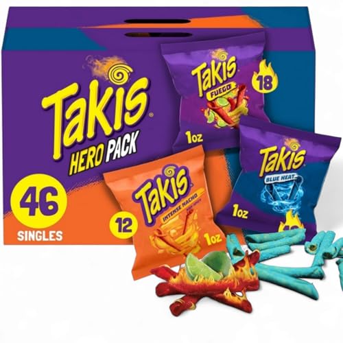 Takis's- Variety Pack – 46 Snack-Size Bags with 3 Bold Flavors: 18 Fuego, 16 Blue Heat, & 12 Intense Nacho – Spicy, Crunchy, and Perfect for Any Occasion Custom Bundled by MOOCHI