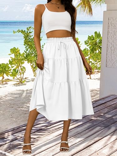 Anbech Women's Casual Midi Skirt Elastic High Waisted Summer Beach Skirts Trendy Pleated A-Line Dress4