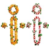 Hawaiian flower Leis,Tropical Luau Party Hula Garland Necklaces Bracelets Headband Jumbo Simulated Silk Flowers for Hawaii Decorations, Birthday Party, Beach Theme Party Holiday Decorations