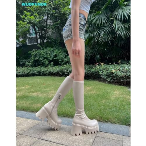 Image of WUDPUNDR Knee High Platform Boots for Women Chunky Heel Round Toe High Heeled Knee Tall Boots Not for Wide Calf