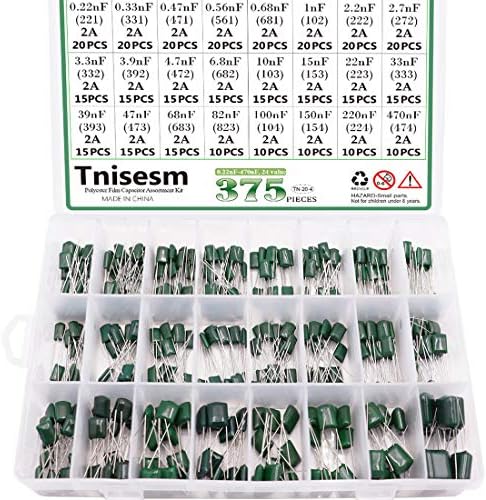 Tnisesm 375 Pcs 24 Value Metalized Mylar Polyester Film Capacitors Assortment Kit 0.22nF - 470nF 100V in a Box Tn-20-4