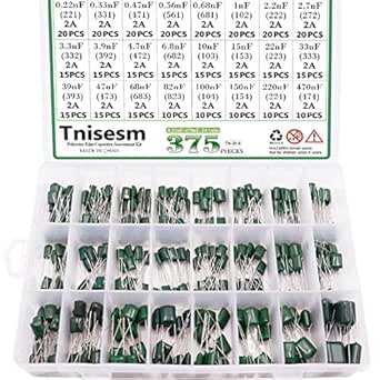 Tnisesm 375 Pcs 24 Value Metalized Mylar Polyester Film Capacitors Assortment Kit 0.22nF - 470nF 100V in a Box Tn-20-4