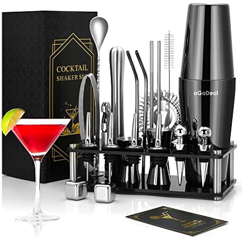 Cocktail Shaker Set, oGoDeal Boston Cocktail Shaker Schwarz mit Ständer, 23pcs Bar Equipment Barkeeper Set Cocktail Mixer Zubehör, Edelstahl Cocktail Geschenkset Mixology Bartender Kit Cover