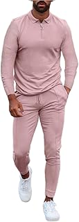 YHEGHT Conjunto de roupas masculinas de duas peças para outono, respirável, amassado, respirável, camisa e calça de manga comprida, Rosa, XG