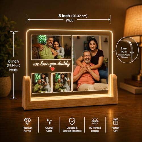 Image of Giftplease Personalized Photo Frame for Dad with Wooden LED Base | Customized Acrylic Photo Frame with Warm Light | Father's Day Gift for Daddy | Custom Photo Night Light for Bedroom & Home Decor