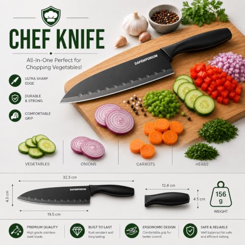 Image of Knife Set with Finger Guard, 3 Pcs Stainless Steel Black Coated Blades with Cover | Chef, Cleaver & Paring Knives | Sharp Multipurpose Cutting Knives for Vegetable, Fruit & Meat Chopping
