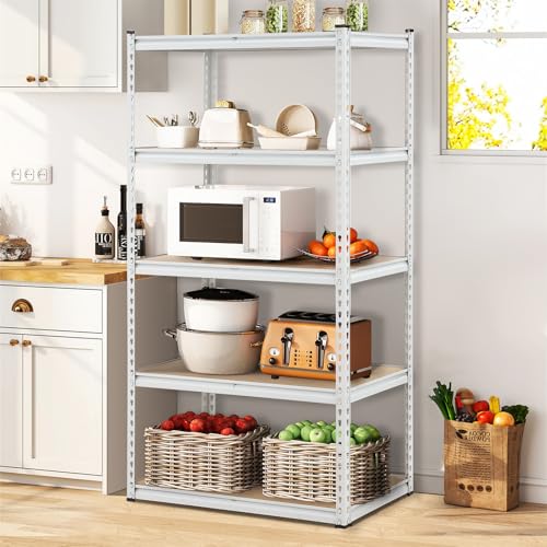 GarveeHome Garage Storage Shelves, 5-Tier Utility Shelves, Adjustable Storage Shelves, Industrial Shelving, Load 3860 Lbs Heavy Duty Storage Shelves for Garage Kitchen Basement Laundry Pantry,White