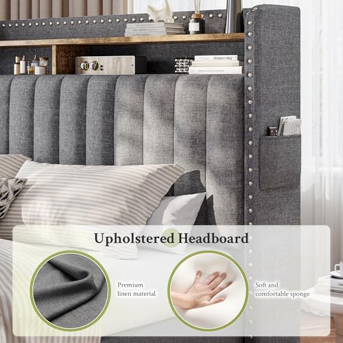 EnHomee King Size Bed Frame with 2 Metal Storage Drawers, Vertical Tufted Upholstered King Platform Bed with Headboard Shelf, 900lbs Heavy Duty, No Box Spring Needed,Easy Assembly,Grey