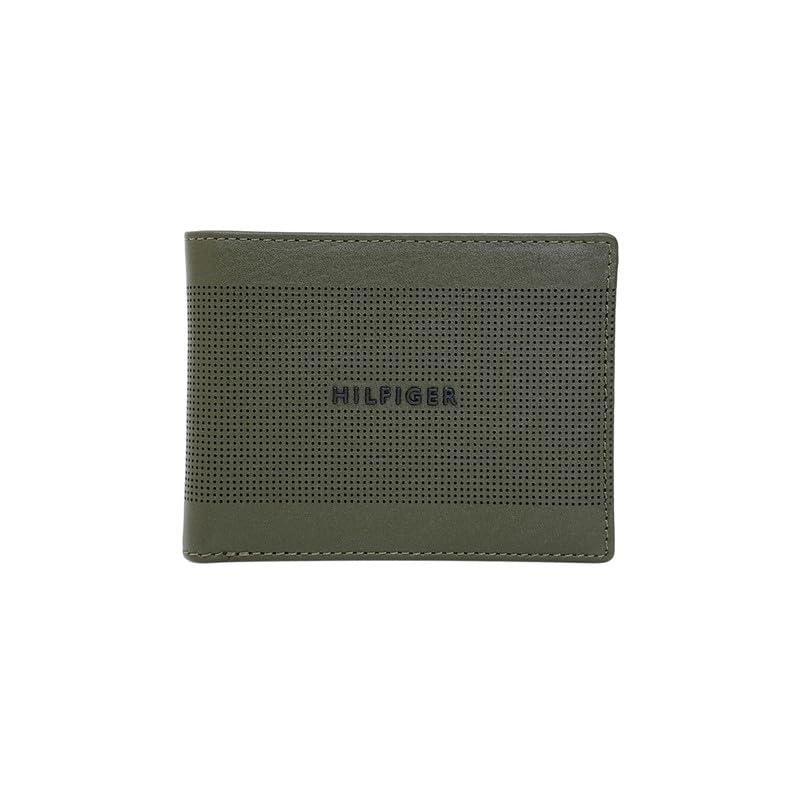 Image of Tommy Hilfiger Men's Benin Global Coin Wallet - Olive | Laser-Etched Leather | Compact Design| Purse for Men | Ideal for Gifting