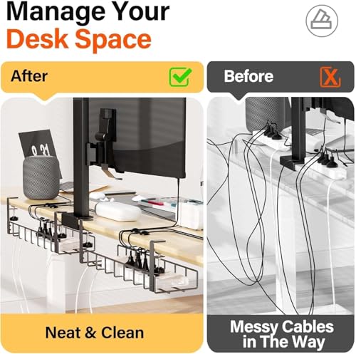 Image of Ragro 2 Pcs Cable Management Under Desk Tray, Drill-Less Wire Management with Upgraded Clamp, Metal Cord Organiser Rack, Black, 2 Pack