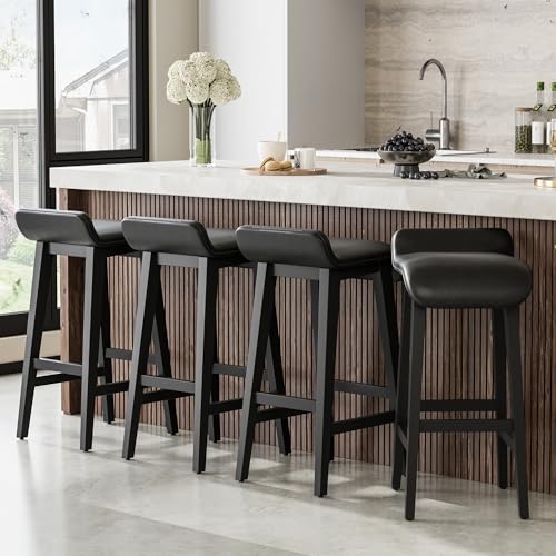 Garvee 26.2' Bar Stools Set of 4, Modern Upholstered Kitchen Stools with Low Back and Footrest, Counter Height Bar Stools with Wood Legs, for Kitchen Counter, Dining Room, Black