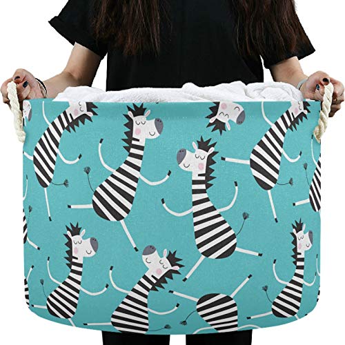 Image of visesunny Storage Basket Cartoon Zebra Nursery Hamper Canvas Fabric Toy Storage Organizer Bin Waterproof Storage Box Laundry Basket for Kid Rooms,Playroom,Shelves,Toy Basket,Gift Basket