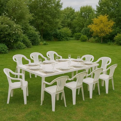 Dmora - 10er Set Gartenstühle Bisceglie, Gartensitz, Für drinnen und draußen, Mit Armlehnen und stapelbar, Made in Italy, 56x55 h78 cm, Weiß