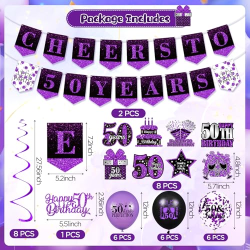 Purple 50th Birthday Decorations for Women Men Purple Black 50th Birthday Banner Hanging Swirls 50th Birthday Balloons Happy 50th Birthday Cake Topper for Purple Cheer to 50 Years Party Supplies by Rumia - Image 7
