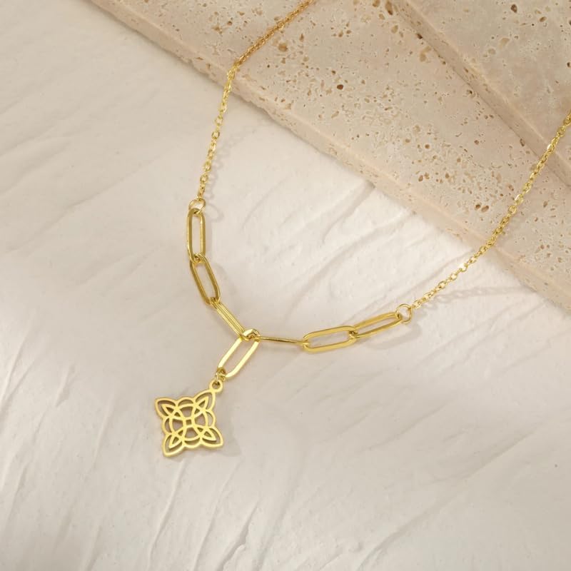 18K Yellow Gold Witch Knot Necklace, Nudo de Bruja, Witchcraft Witch Knot Necklace Women Neck Chains, Vintage Cross Pentacle Amulet, Gifts for Women