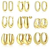 JeweBella 9 Pares Pendientes de Aro Oro Gruesos para Mujer Niña Chapado en Oro de 14K Hipoalergénicos Pendientes Aro Gruesos Abiertos Trenzados Dorados Conjunto de Joyería Regalos