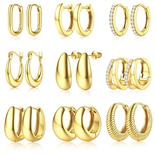 JeweBella 9 Pairs Chunky Gold Hoop Earrings for Women Hypoallergenic 18K Gold Plated Earrings Lightweight Huggie Hoop Earring Stack Set Jewellery for Women