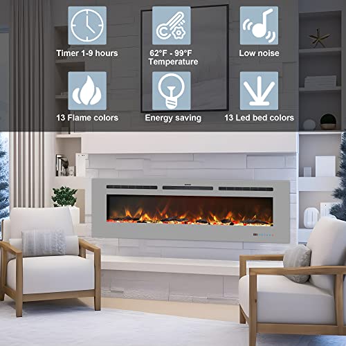 Kentsky 60 Inches Electric Fireplace Inserts, Recessed And Wall Mounted Fireplace Heater, Linear Fireplace W/Thermostat, Touch Screen, Multicolor Flame, Timer, Log & Crystal, 750W/1500W, Grey #TOP4