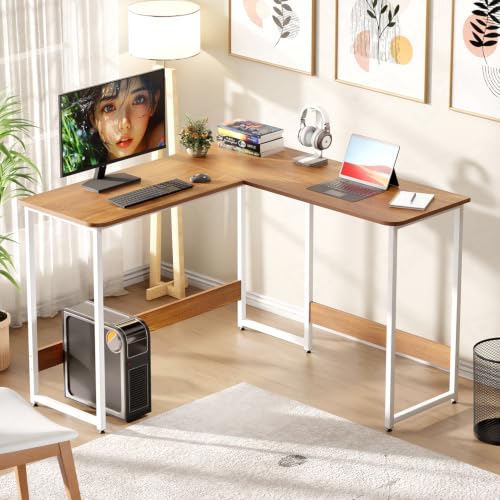 Image of Lukzer L-Shaped Study Table for Home or Office (MST-007 /White & Oak Brown) Metal & Engineered Wood Corner Computer Desk, Laptop & Gaming Station for Students and WFH (110 x 110 x 75 cm) Easy DIY