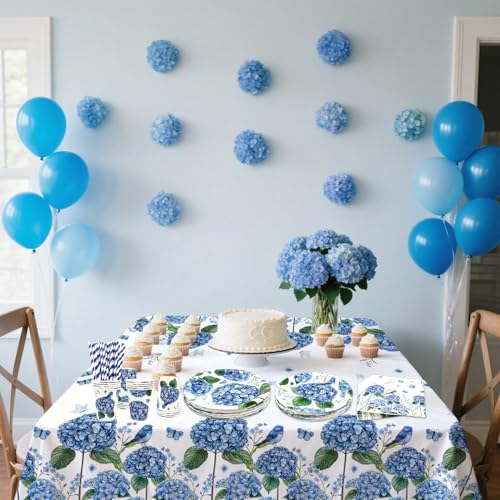 Fournitures de fête hortensia avec assiettes et nappes pour 20 invités
