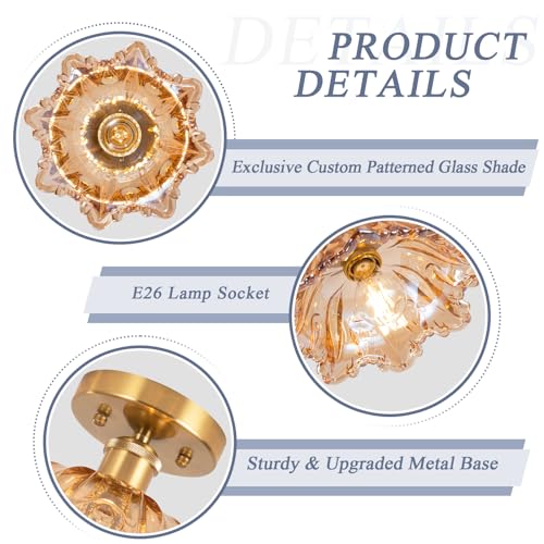 Image of Semi Flush Mount Ceiling Light,Vintage Lights Fixture Ceiling E26 Base,Amber Shade Glass Hallway Light Fixture for Porch Kitchen Bedroom, Bulb Included