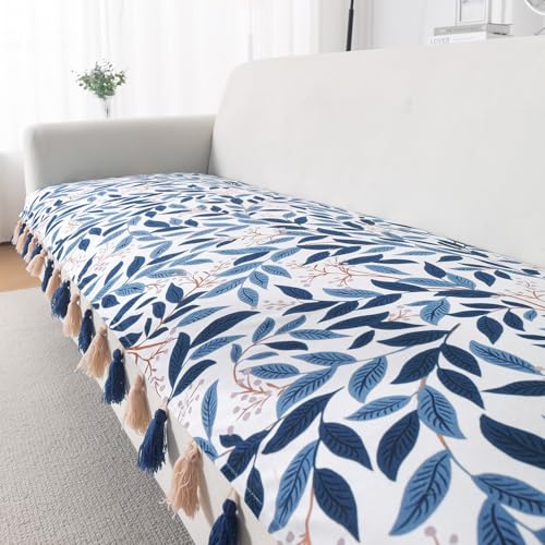 Image of HOKIPO Printed Holland Velvet Sofa Cover with Tassel for 1 /2 /3 Seater & L Shape Sofa | Make Your Own Set, 'Whispers of Nature' Sofa Mat, 70(W) x 170(L) cm, Indigo Foliage (IN-1121-D10)