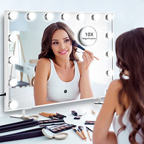 Large Vanity Mirror with Lights, 1X/10X Hollywood Makeup Mirror with 15 Dimmable LED Bulbs, 3-Color Mode, Smart Touch Control, Memory Function, Tabletop Mirror with Storage Tray, Sturdy Metal Design