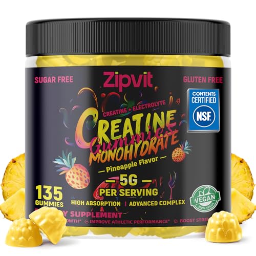 zipvit Creatine Monohydrate Gummies (5g) – Pre-Workout Energy & Muscle Growth Support for Men & Women | Pineapple Electrolyte Gummies (135 Count)
