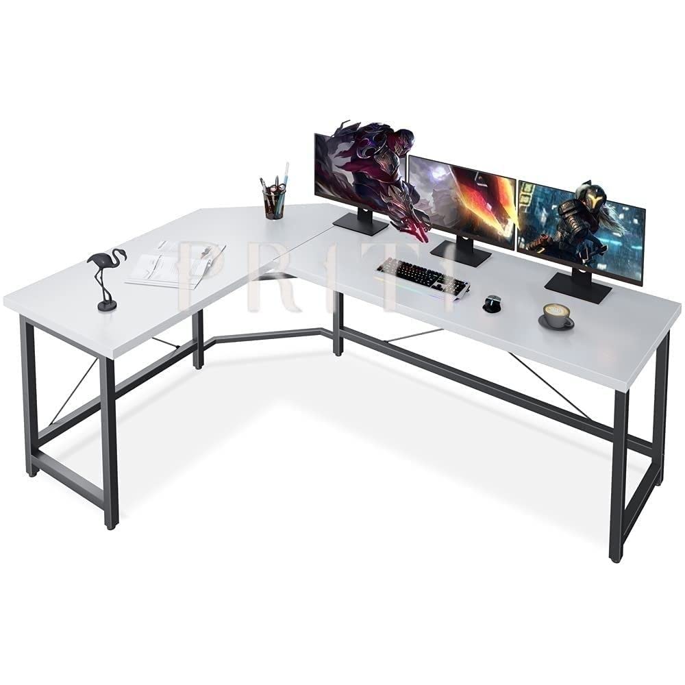 Priti-White L-Shaped Computer Desk with Monitor Stand and Storage Shelves - Modern Corner Office Desk for Home Workspace
