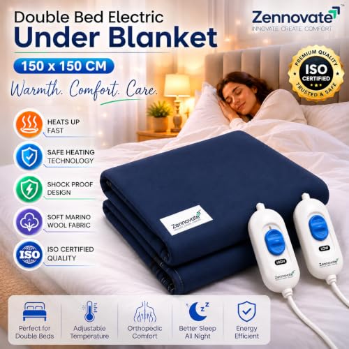 Image of Superior ISO Certified & ZED Certified Electric Under Blanket | Double Bed Size(150cmx150cm) | Shock Proof | Bed Warmer with Multiple Heat Controls (Body, Foot, High, Low) |10 Year Warranty
