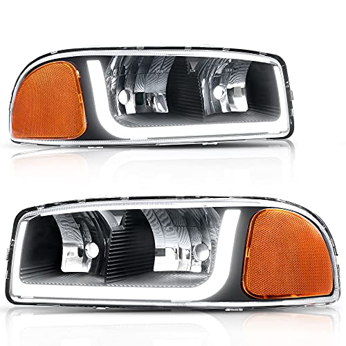 AUTOSAVER88 LED DRL Headlights Assembly Compatible with 1999 2000 2001 2002 2003 2004 2005 2006 2007 GMC Sierra 01 02 03 04 05 06 GMC Yukon XL Headlamp with Daytime Running Light