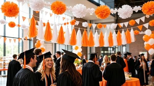 Image of Orange and White Tassel Garland Streamers - 20pcs Orange White Tissue Paper Tassel Banner for Party Decor,DIY Kits - (20 PCS)