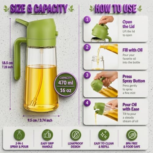 Image of 2-in-1 Glass Oil Sprayer and Dispenser Bottle with Handle Cocking Oil Bottle for Kitchen (500ml)