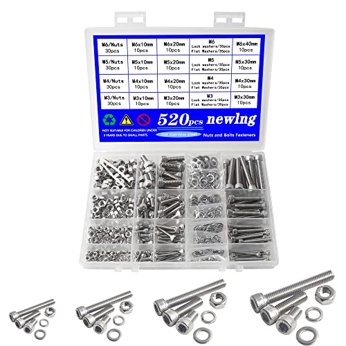 Image of newlng Screws and Nuts M3 M4 M5 M6 Bolts and Nuts kit 520pcs 304 Stainless Steel Metric Hex Socket Head Cap Machine Screws Flat Washers Spring Washers Assortment Kit