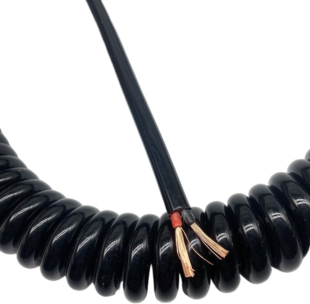 Retractable Spring Coiled Extension Cord ， 2 Core 1.5mm2 CNC Spiral Power Cord 15AWG Black Spring Stretchable Cable Telescopic Stranded Coiled Wire(Stretch 2 Meter)
