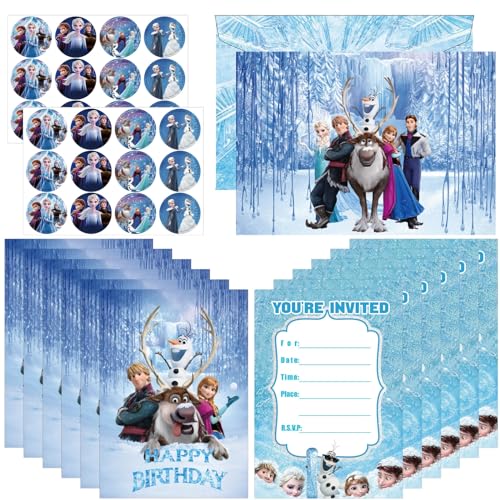 24 PCS Frozen Birthday Party Invitation Cards with Envelopes and Stickers, Frozen Party Supplies Frozen Party Invitations for Kids Birthday Party Decorations