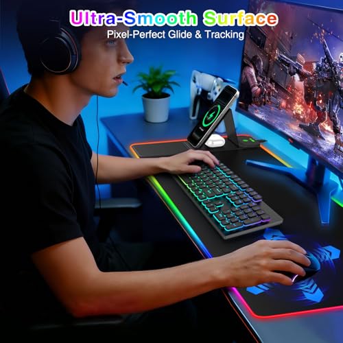 Image of RGB Gaming Mouse Pad with Magnetic Wireless Charging & Foldable Phone Stand | 31.5 inchx11.8 inch XL Extended Mousepad with Stitched Edges, Ultra-Smooth Waterproof Surface, 25 Lighting Effects, Non-Slip Base