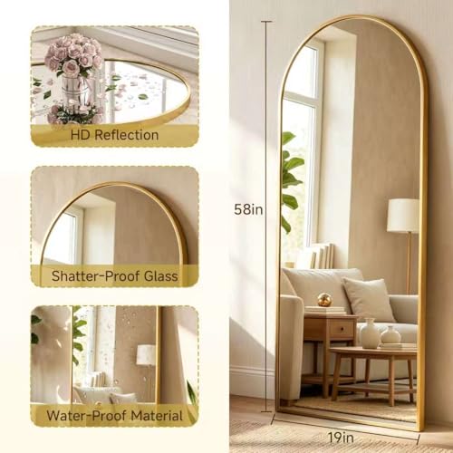 Image of 58 inchx19 inch Floor Mirror Full Length, Arched Full Length Mirror with Stand, Full Body Mirrors for Bedroom Living Room or Cloakroom Gold