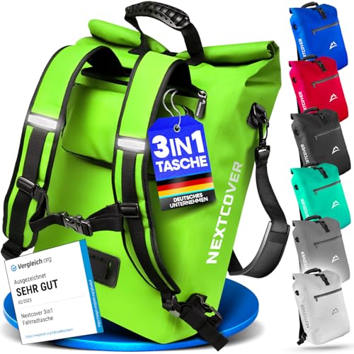 Nextcover® NEU 3in1 Fahrradtasche für Gepäckträger [PVC frei] - Gepäckträgertasche, Fahrradtasche Rucksack und Umhängetasche 25L I Fahrrad Tasche wasserdicht, Fahrradtaschen Gepäckträger