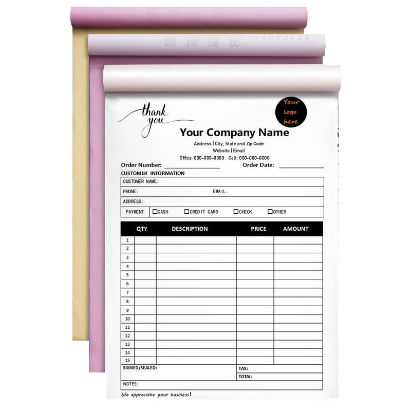 Custom Carbonless Sales Rechnungsformular Bücher für kleine Unternehmen, personalisiertes NCR 3-teiliges Quittungsbuch mit Carbon-Kopien, Cover hinzufügen Firmenname, Adresse und Nummer gedruckt
