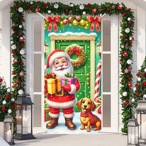 Image of BlissYard Christmas Door Cover Santa Dog 35x71 Inch Polyester