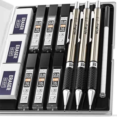 Nicpro 0.9 mm Mechanical Pencil Set with Case, 3PCS Metal Mechanical...