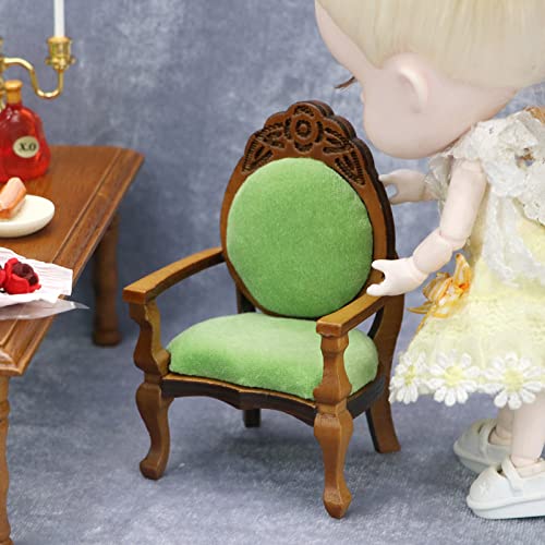 Silla tapizada para casa de muñecas, muebles para muñecas, accesorios para casa de muñecas, sillón retro vintage tallado de madera para sala de estar, dormitorio y comedor (B) 7